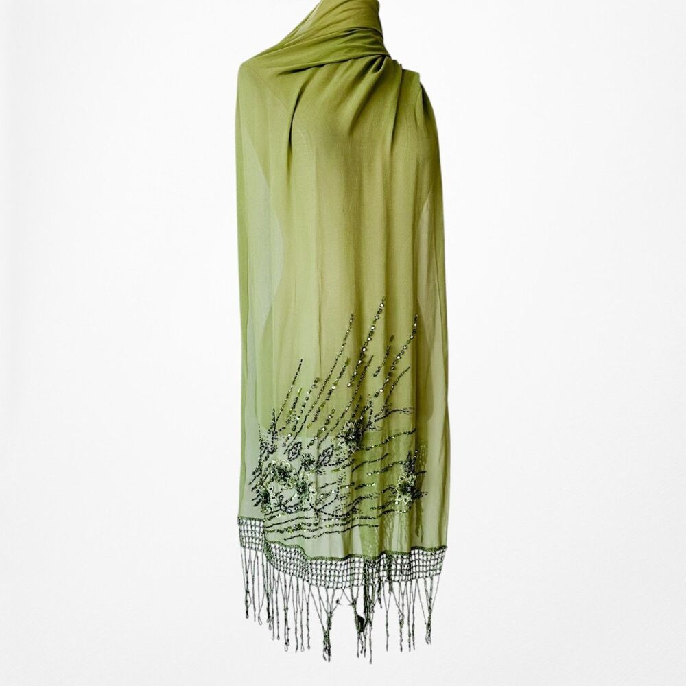 Vintage Y2K Olive Green Floral Beaded Bodycon Prom Shawl Dress Size S - Picture 11 of 17